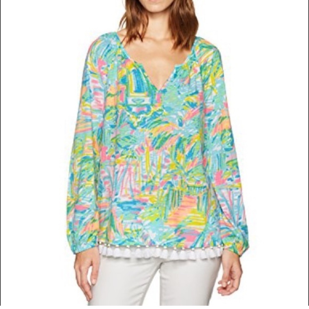 Lilly Pulitzer Linzy Tassel Hem Tropical Palm Print Cotton Tunic Top Size XS